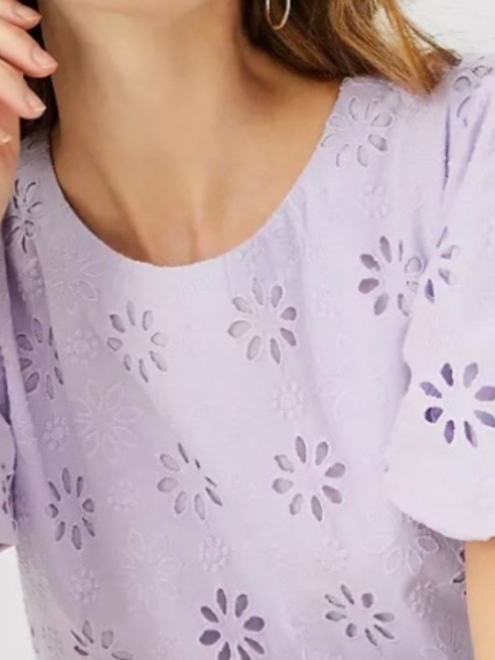 Anne Taylor Petite Eyelet Puff Sleeve Lavender Embroidered Blouse, Relax-fit XSP